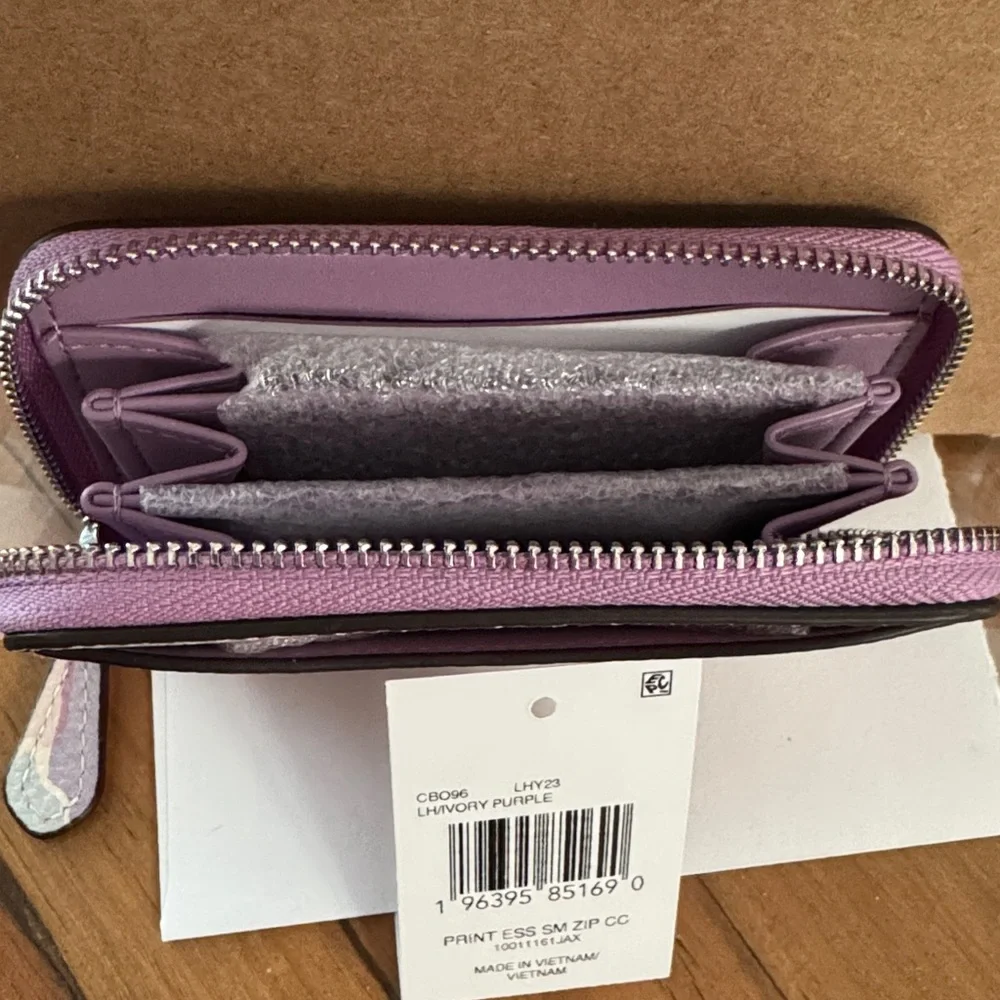Coach Purple Gloral Mini Zip Around Leather Wallet